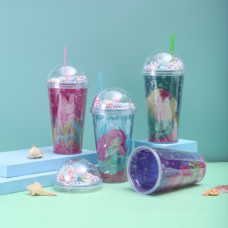 Good-looking New Mermaid Cup with Straw Summer Crushed Ice Cup Ice Cup Cute Girl Ice Cup Double-Layer Plastic Cup