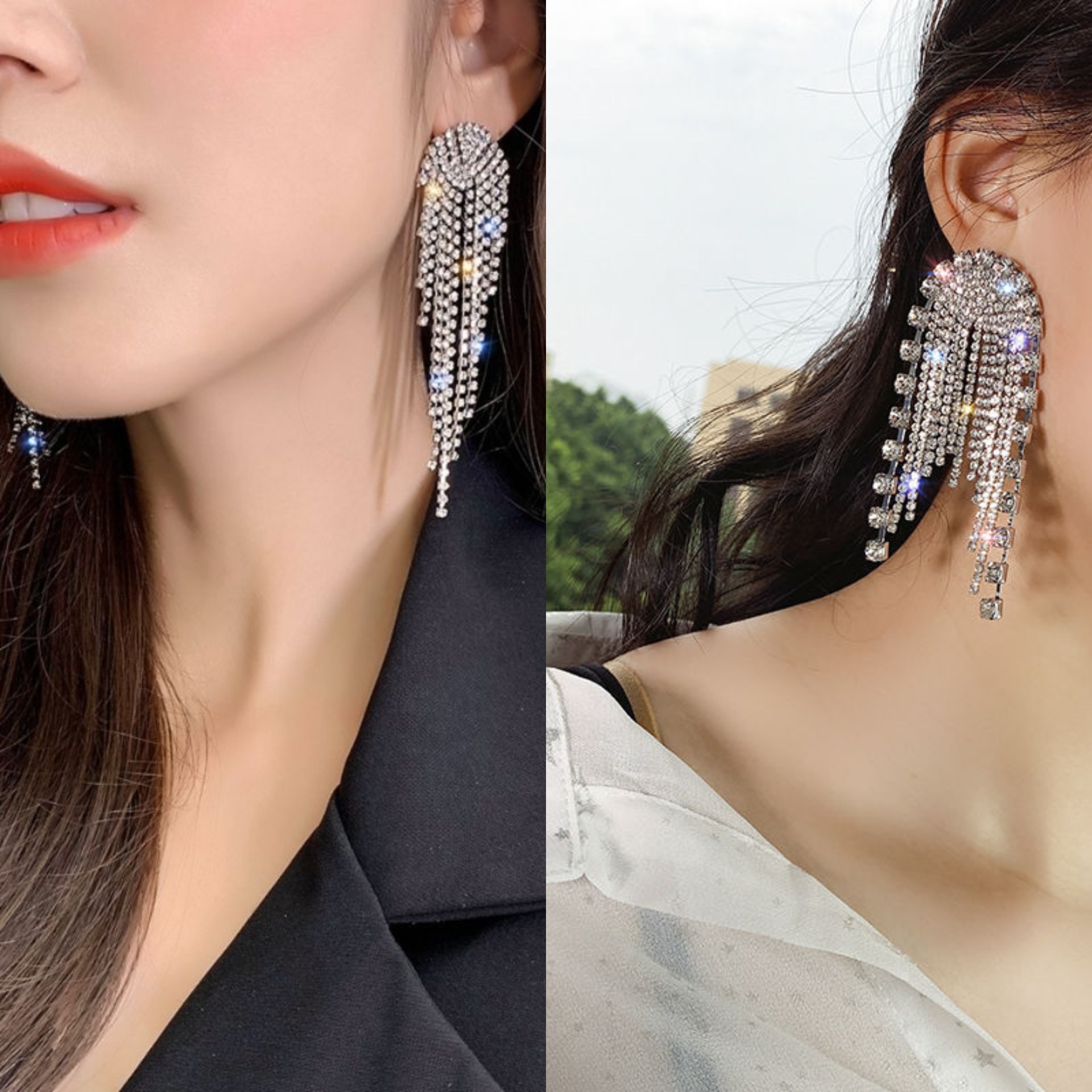 欧美轻奢超长款闪钻水钻耳坠流苏夸张质感宴会耳坠个性高级感耳饰