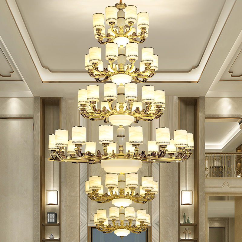 新中式复式楼别墅客厅中空大吊灯楼中楼挑空跃层大厅三四层楼梯灯