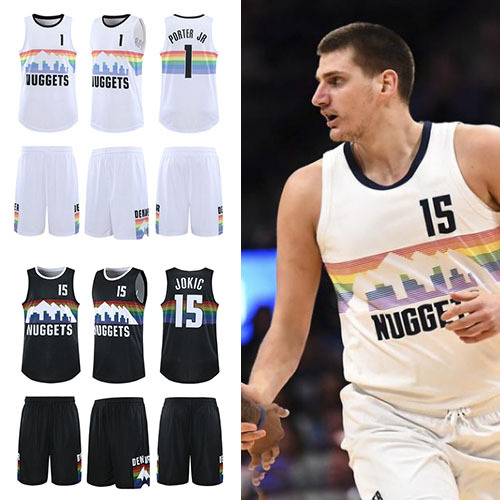 掘金队球衣约基奇15号小波特1号篮球服套装城市版黑彩虹球服团购