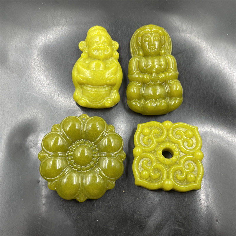 平价玉器 天然正品黄岫玉大观音吊坠 四方平安扣挂件 黄玉财神