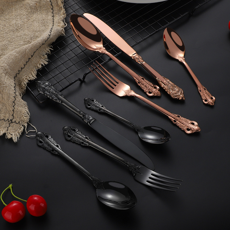 Stainless Steel European Court Knife, Fork and Spoon Western Tableware Hotel Relief Creative Steak Knife Fork Four-Piece Set