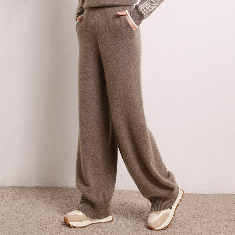 Autumn and Winter Knitted Trousers Women's Drooping Straight Mopping Loose High Waist Cashmere Trousers with an Elasticated Waist Casual Pants Outer Wear Wide Leg Wool