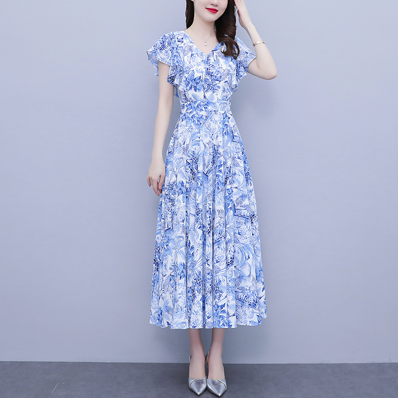 花色雪纺大裙摆连衣裙图片