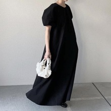 外贸爆款日本韩国设计感连衣裙女夏季亚麻大码宽松泡泡袖气质长裙