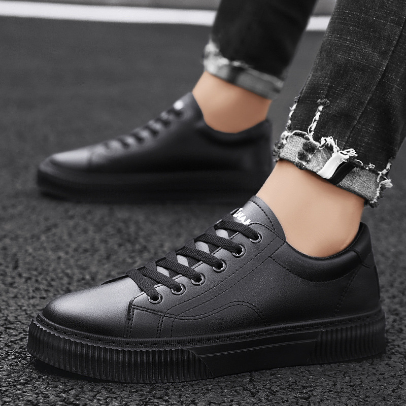 低帮板鞋纯色皮面韩版休闲鞋厚底增高男鞋2021年秋季新品公版鞋子