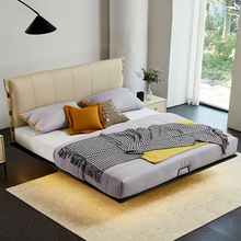 意式真皮悬浮床现代简约智能感应灯卧室1.8米双人床极简婚床