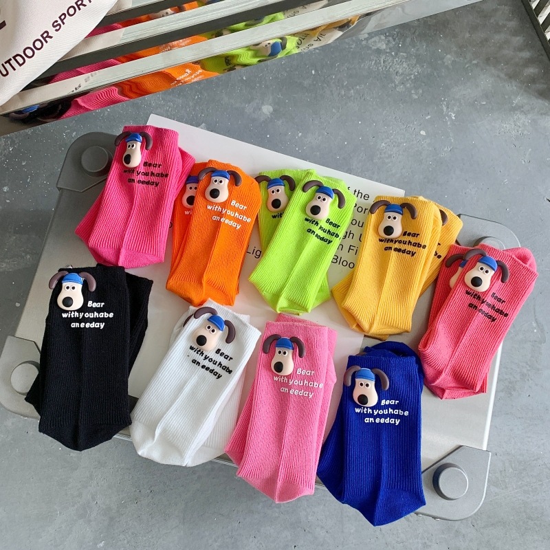 New Ins Trendy Socks Internet Celebrity European Goods Color Double Needle Mid-Calf Socks Dopamine Puppy Letter Purified Cotton Loose Socks