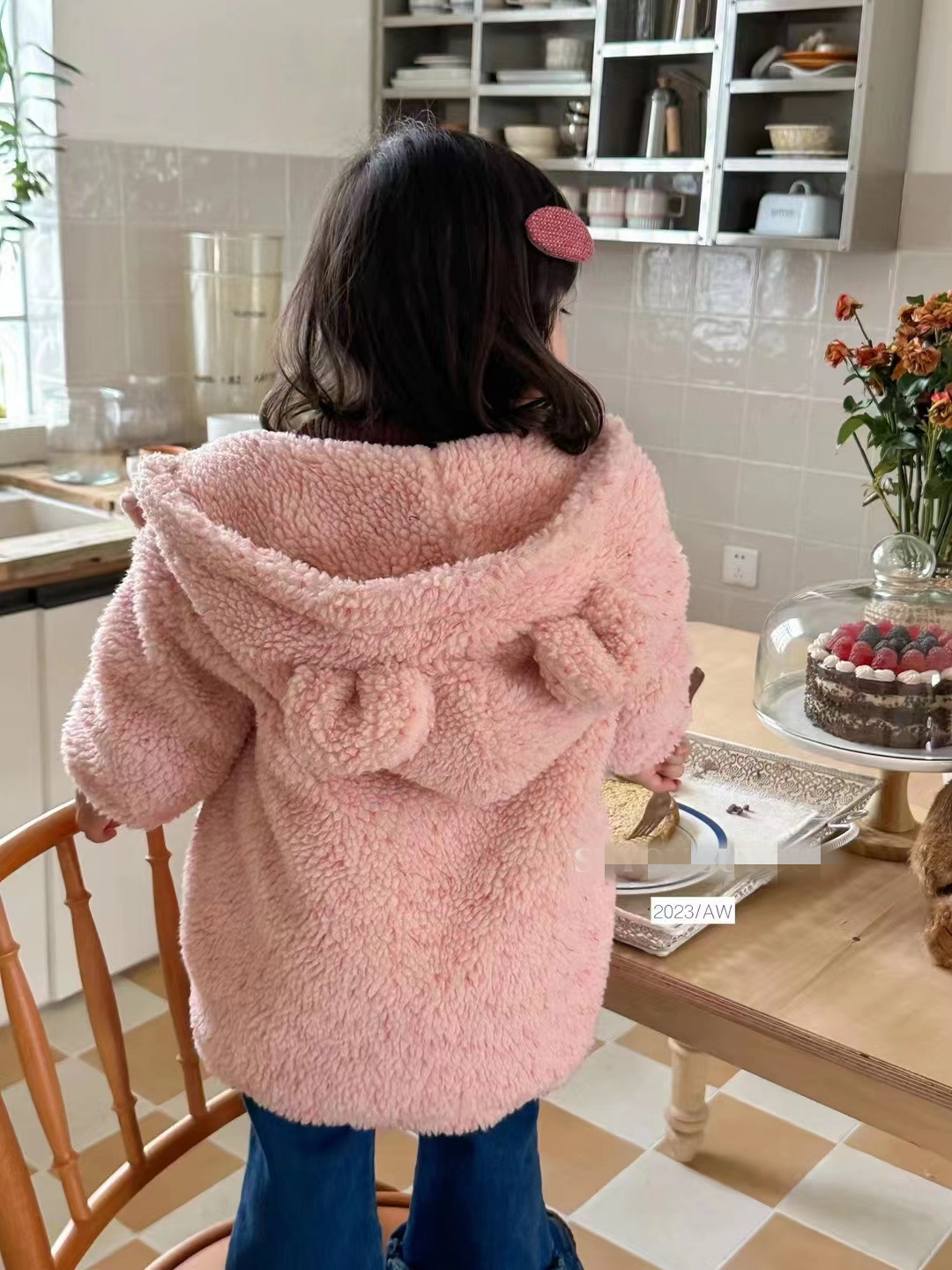 2023 Autumn and Winter Clothing New Baby Girl Fleece-lined Thickened Cartoon Hooded Furry Coat Korean Style Girl Thermal Cotton-Padded Clothes