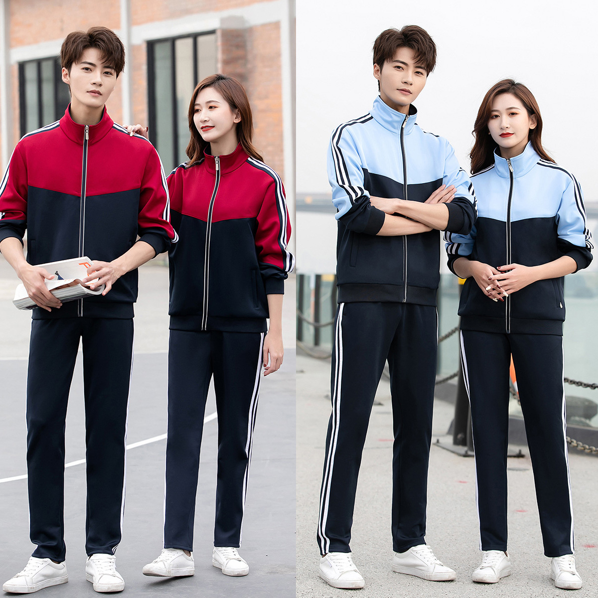 春秋新款拼色情侣运动套装男女运动服团体服外套学生校服批发