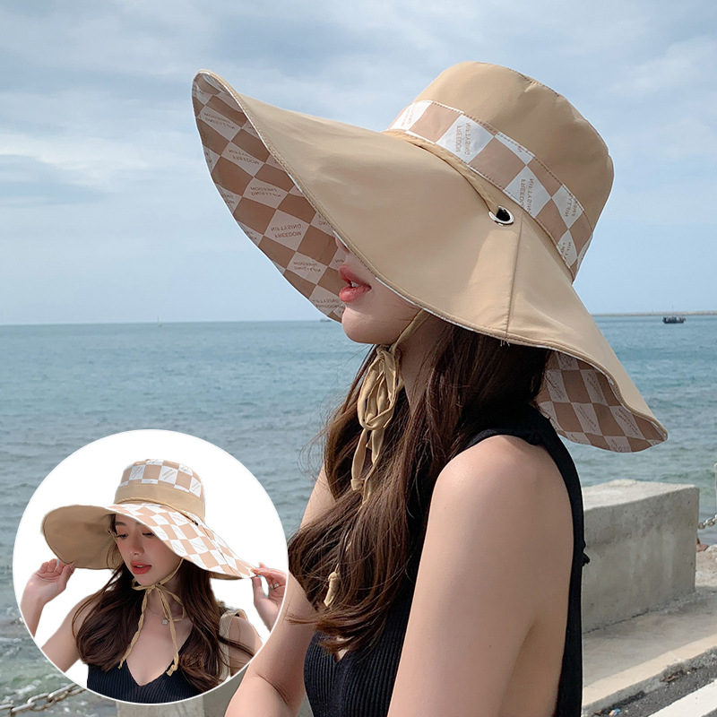 2023 Korean Style Summer Hat Women's Fashion All-Match Checkered Double-Sided Big Brim Fisherman Hat Travel Sun Protection Sun Hat
