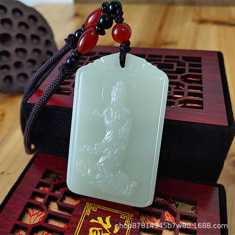 天然青玉观音吊坠站观音项链男士本命年保平安玉挂件乘龙观音玉佩