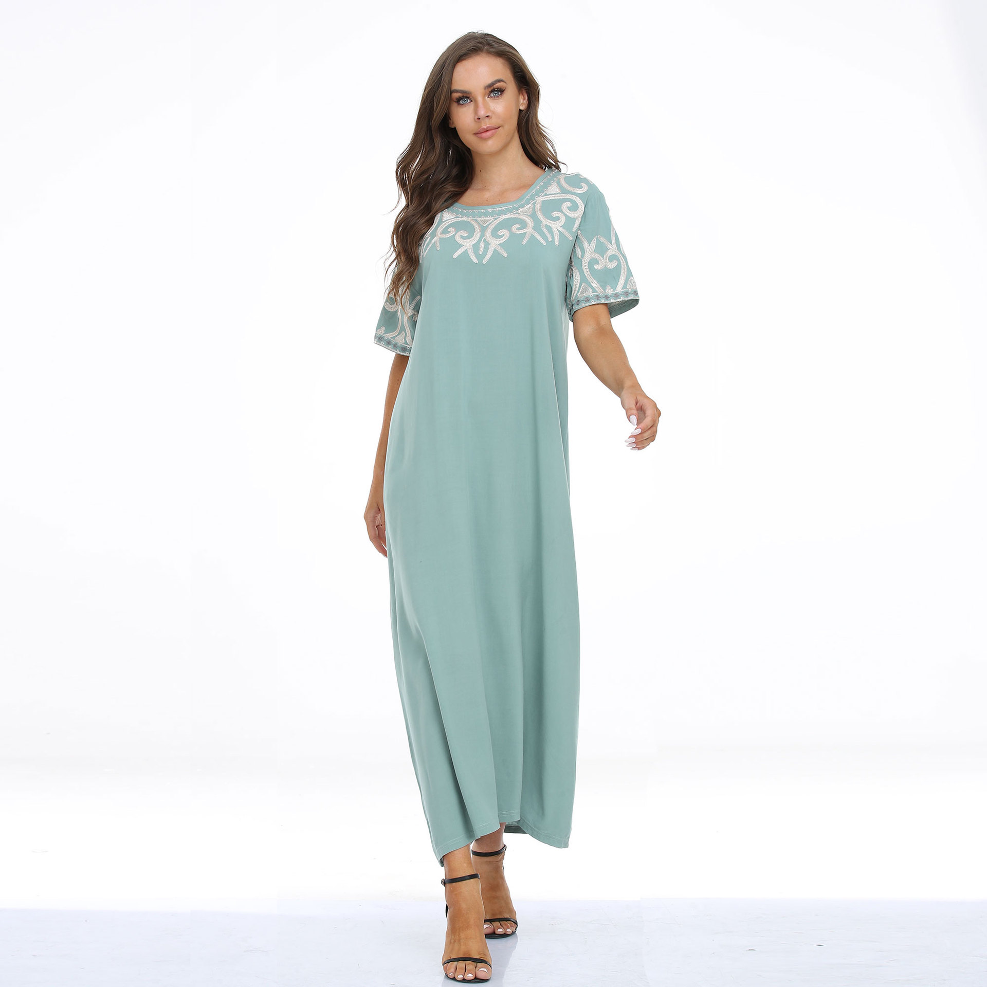 Cross-Border Women's Clothing Muslim Dress Dubai Middle East plus Size Robe Short Sleeve Loose Long Dress