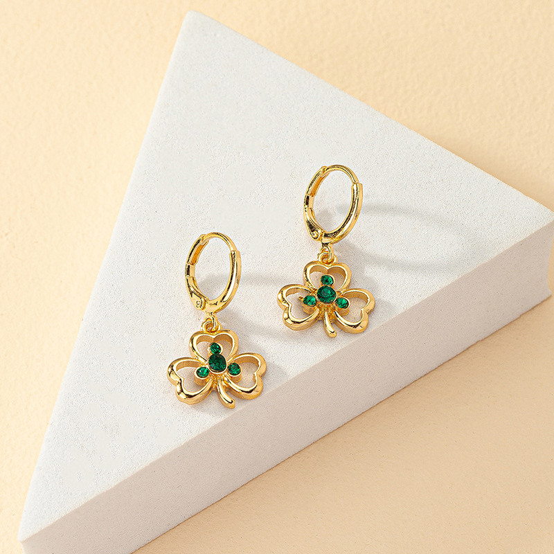 韩版时尚气质镶钻三叶草耳环女法式复古网红ins风简约耳钉耳饰品