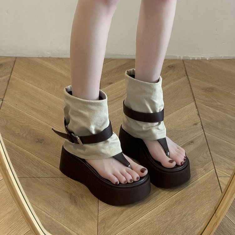复古厚底夹趾凉靴女2025夏季新款小个子皮带扣高帮裤管罗马凉鞋
