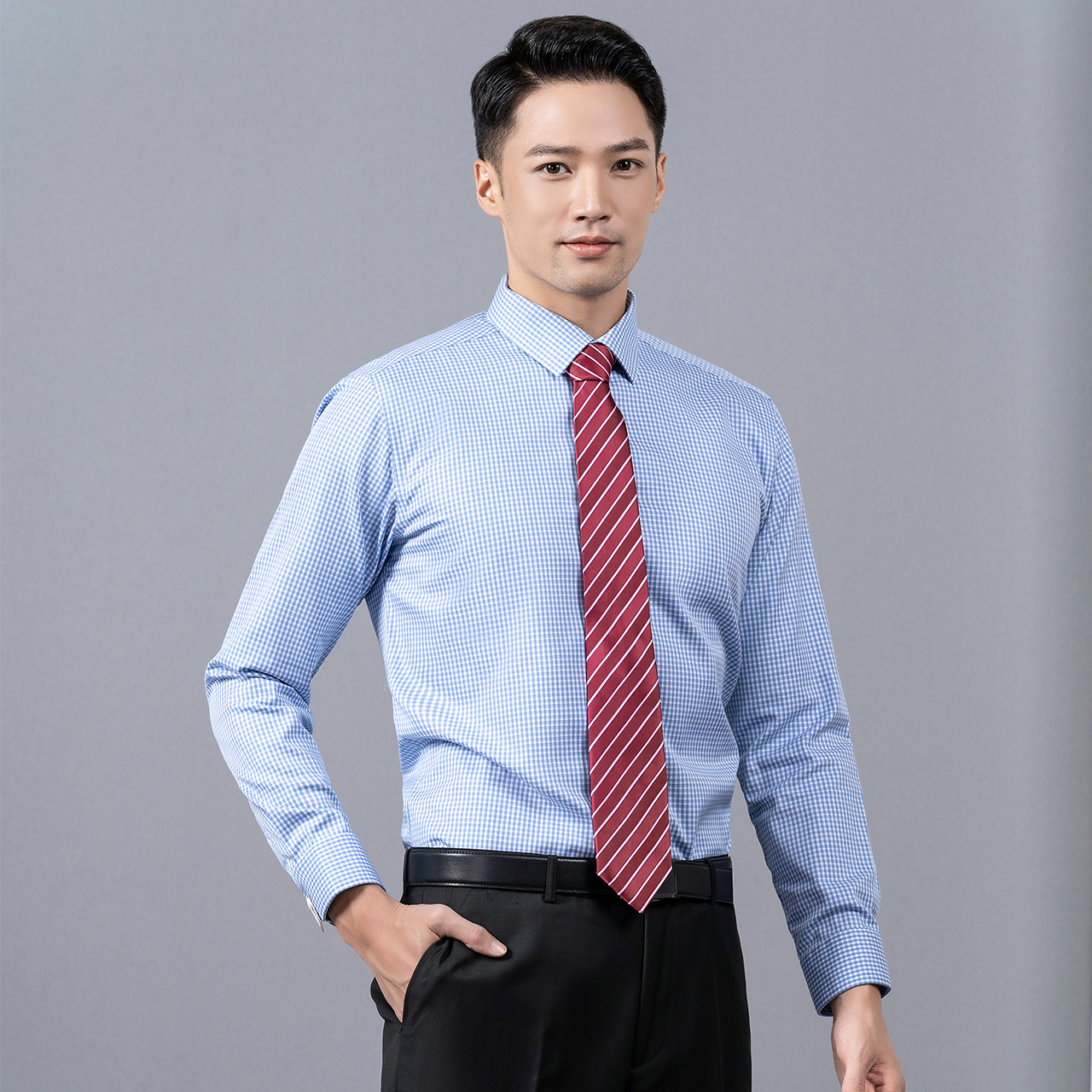 0成交95件男女同款职业装纯棉男士衬衫长袖蓝色条纹免烫衬衣工作服