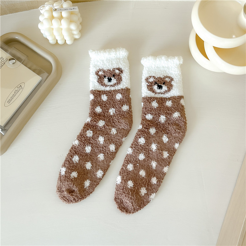 Coral Fleece Socks Female Coffee Color Series Bear Women's Mid Tube Stockings Winter Fleece Lined Padded Warm Keeping Room Socks Sleep Women's Socks