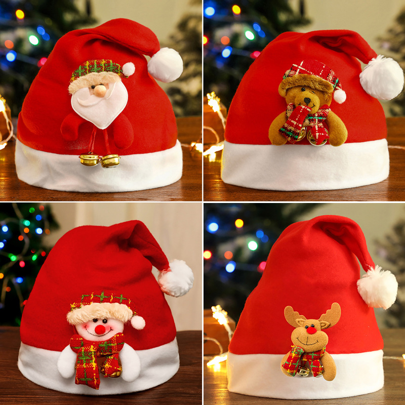 铃铛圣诞帽绒布卡通老人小熊雪人麋鹿毛绒装饰帽节日气氛道具帽子