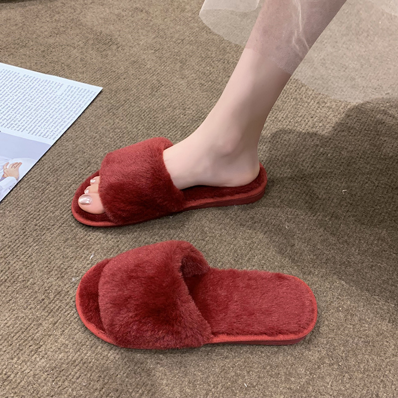 foreign trade amazon plus size word fluffy slippers female winter indoor plush flat floor slippers open toe warm cotton slippers