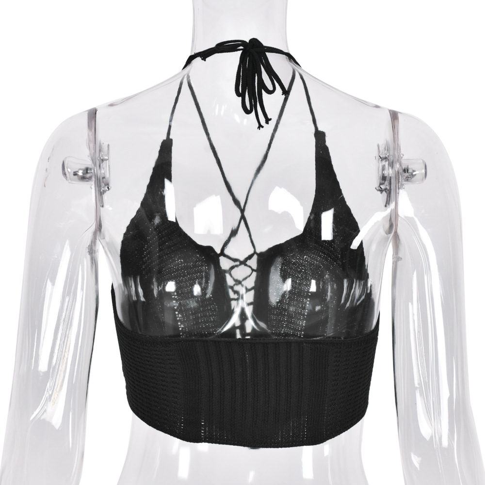 nz5665欧美女装2022春夏爆款挂脖裹胸镂空穿绳露背毛衣性感女上衣