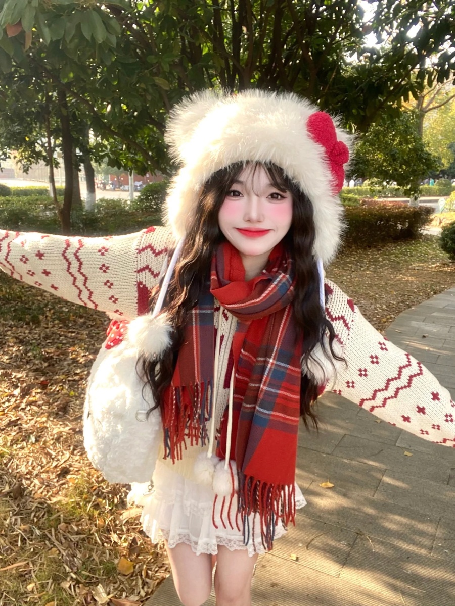 氛围感毛衣女外穿圣诞节新年穿搭小兔开衫外套红白连帽拉链针织衫