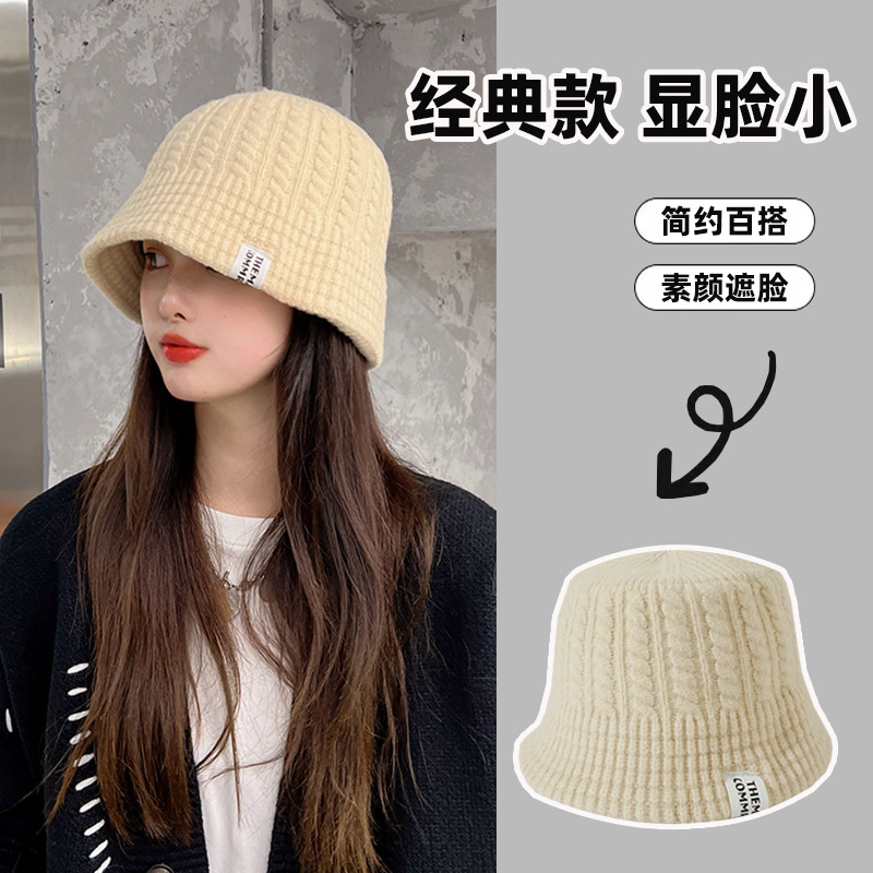 Woolen Cap Women's Autumn and Winter Bucket Hat Minority All-Match Patch Letters Korean Style Japanese Style Knitted Bucket Bucket Hat Tide