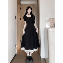 法式复古长裙女夏季收腰显瘦设计感撞色拼接黑色赫本风气质连衣裙