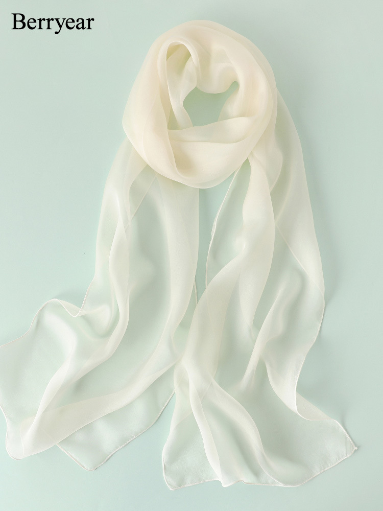 真丝丝巾小长条女百搭春秋薄款白色桑蚕丝围巾窄长款纯色纱巾春季
