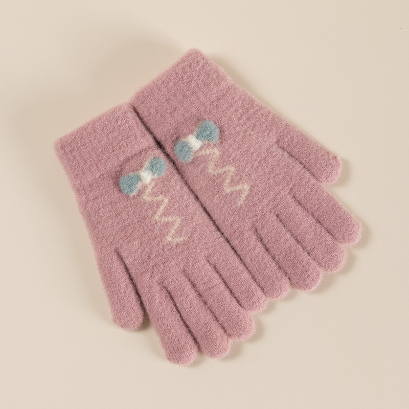 雪花秀女士手套冬季保暖针织提花拼色五指手套玩手机触屏分指手套