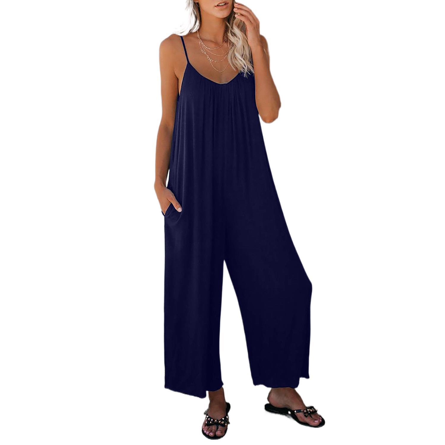 Amazon European and American 2023 Summer New Women's Trousers Cross-Border Solid Color Pocket Loose Casual Sling Jumpsuit