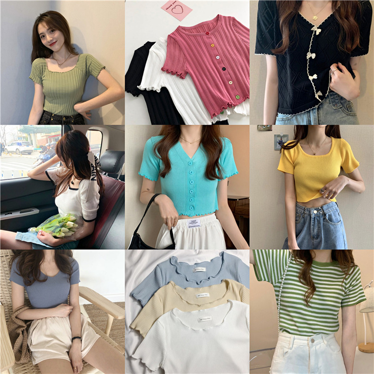 2023 Summer New Women's Knitwear Short-Sleeved Sweater Bottoming Top Live Tail Goods Stall Fair Wholesale