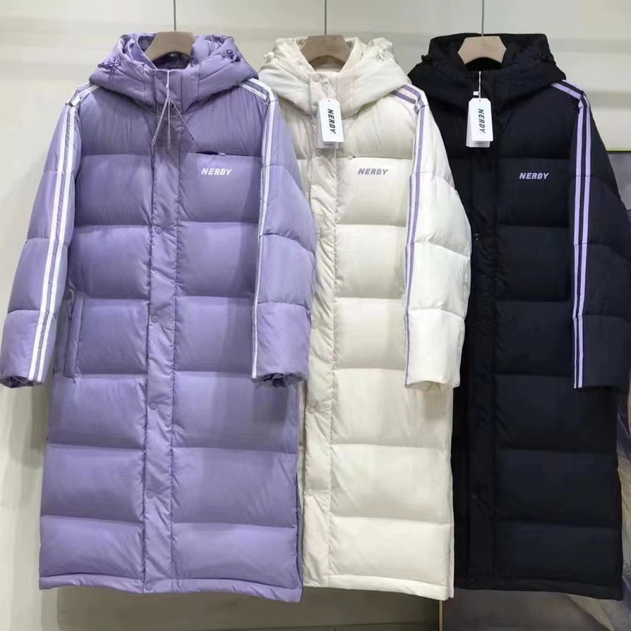 潮牌nerdy明星同款男女情侣款加厚宽松白鸭绒中长款连帽羽绒服