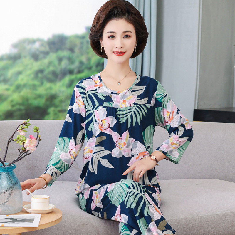 Mom Poplin Pajamas Women's Spring and Autumn Summer Long-Sleeve Two-Piece Set Middle-Aged and Elderly Artificial Cotton Large Size Printed Homewear Women