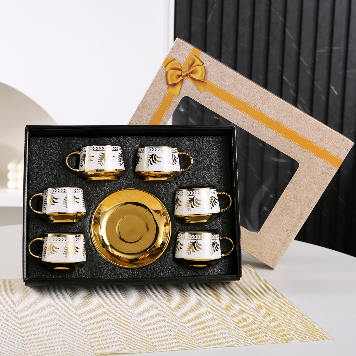 创意电镀陶瓷杯碟跨境欧式咖啡杯中东沙特6杯6碟商务礼品咖啡杯碟