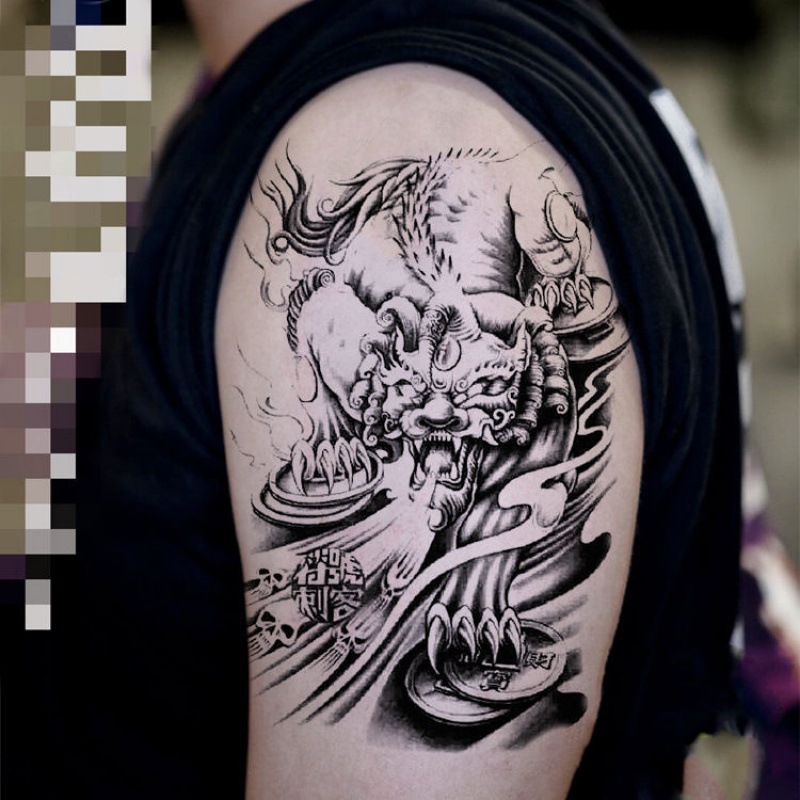 纹身贴男麒麟貔貅穷奇持久花臂半臂手臂仿真刺青贴纸买包邮办公室