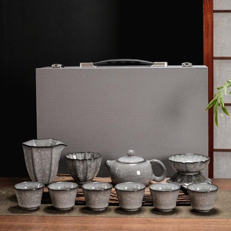 龙泉黑冰茶具套装整套陶瓷功夫茶具冰裂釉茶壶盖碗茶杯套组礼盒装