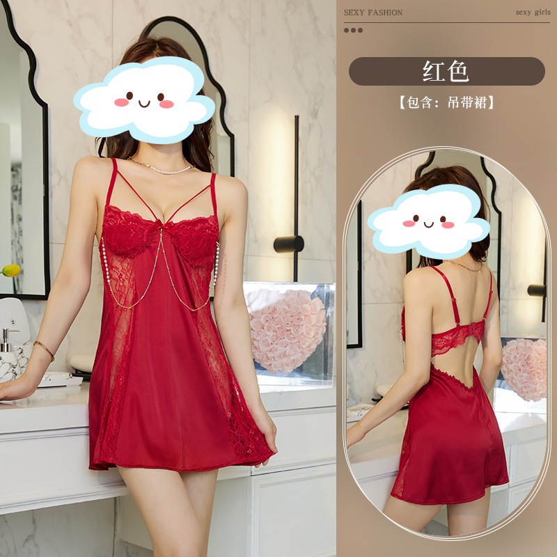 Sexy Lingerie Sexy Hot Girl Pearl Chain Slip Nightdress Lace See-through Backless Temptation Nightclub Girl Pajamas