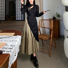 新中式假两件撞色旗袍裙子夏季大码高级感镂空设计短袖气质连衣裙
