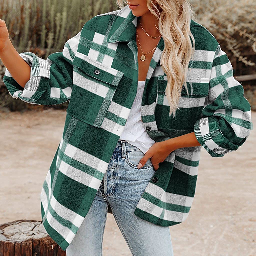 2023 Amazon Autumn and Winter Women's Cross-Border European and American Amazon Plaid Button Flannel Woolen Shirt Coat