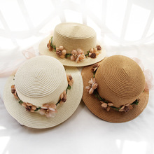 遮阳帽女草帽子可折叠夏天防紫外线防晒礼帽花环沙滩帽户外太阳帽