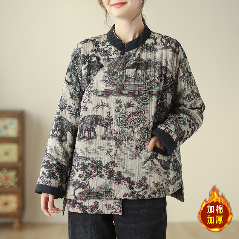 棉麻中式国风棉袄女装文艺复古棉衣禅服茶服民族风夹棉上衣-阿里巴巴