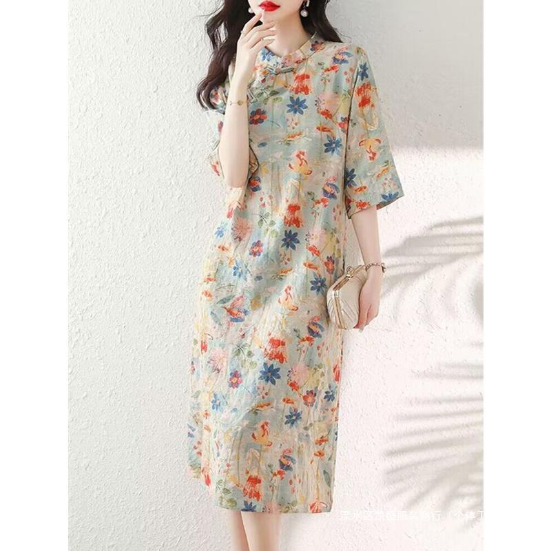 民族风碎花改良旗袍连衣裙棉大码胖mm中式棉麻长裙夏季2024新款