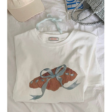 预 2024夏季新款韩国设计师ou*r可爱牛角包蝴蝶结丝带短袖T恤