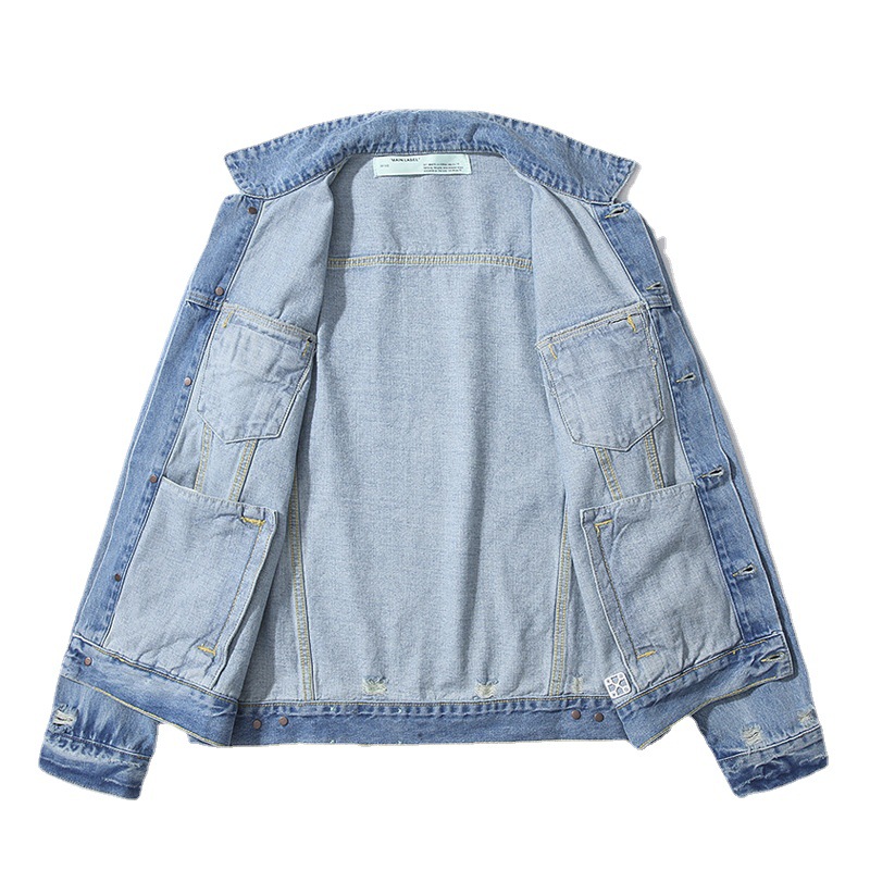 高质量off white新款手绘涂鸦渲染箭头做旧翻领男女牛仔夹克外套