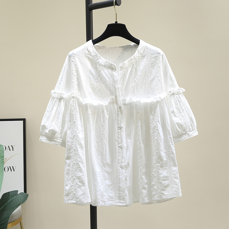 重工高货满绣刺绣蕾丝衬衫女宽松显瘦减龄洋气白色休闲时尚上衣夏
