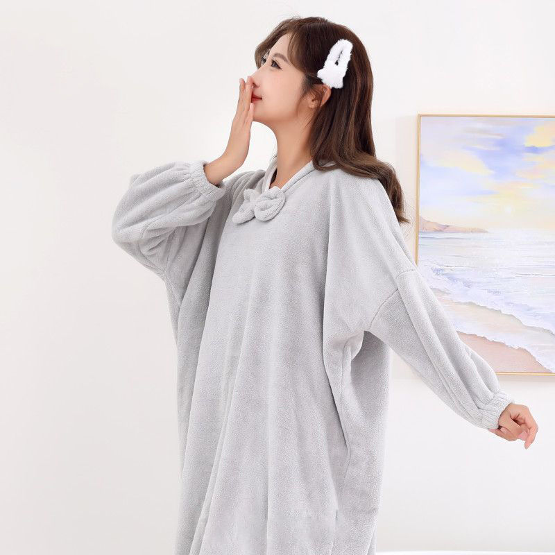 Coral Fleece Long Loose Bathrobe Student Warm Home Wear Morandi Color Long Sleeve Pajamas Hooded Nightgown