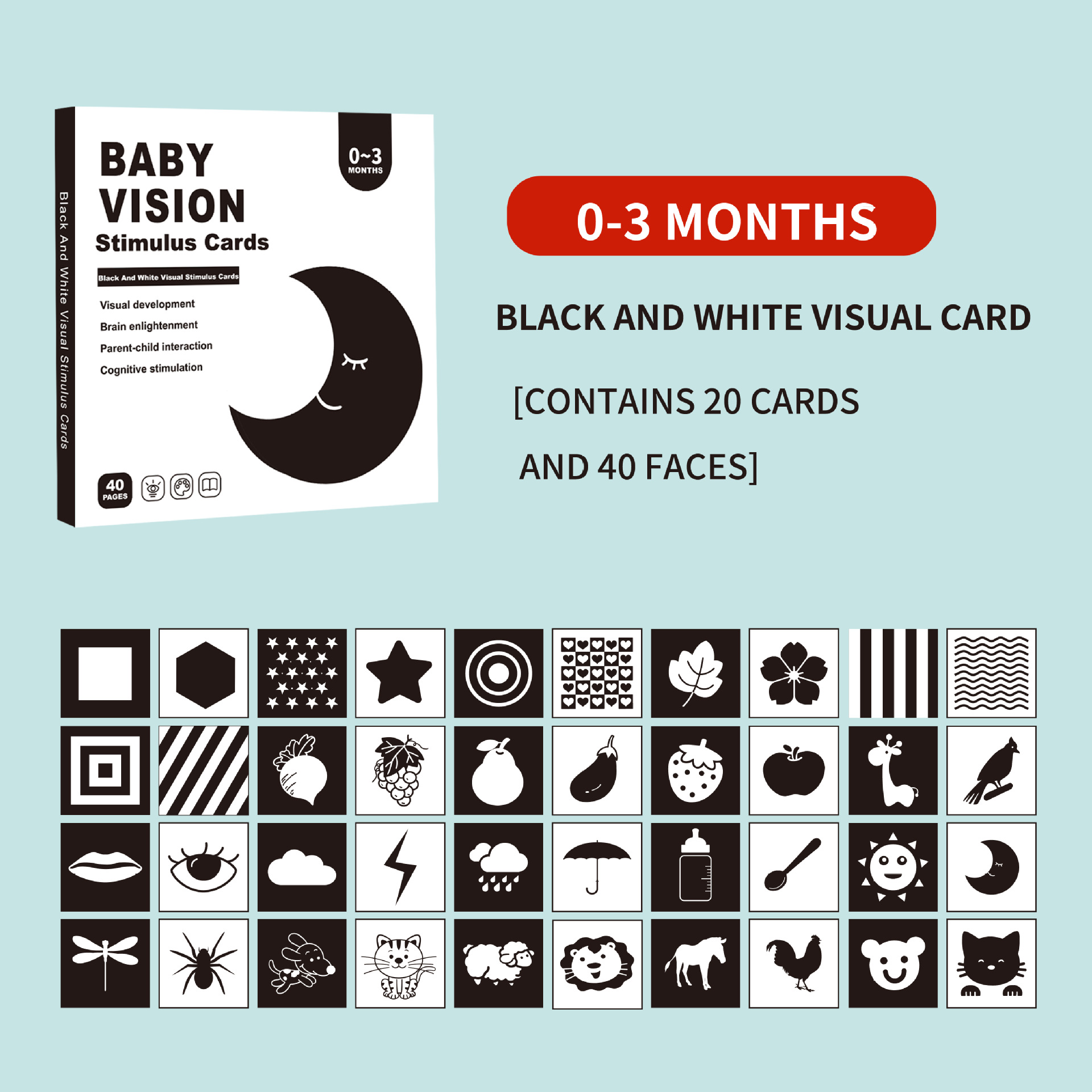 Cross-Border Popular Baby Early Education Black and White Early Education Card Newborn Baby Visual Stimulation Card Black and White Gaze following Lala Card Wholesale