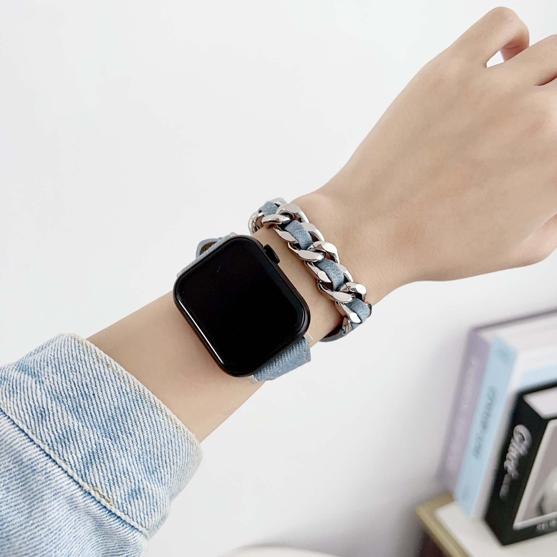 适用于苹果applewatch手表牛仔表带iwatch9876se双圈表带金属小众