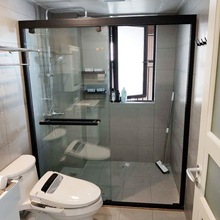 淋浴隔断黑色一字型淋浴房钢化玻璃浴房浴室移门屏风简易洗澡房热