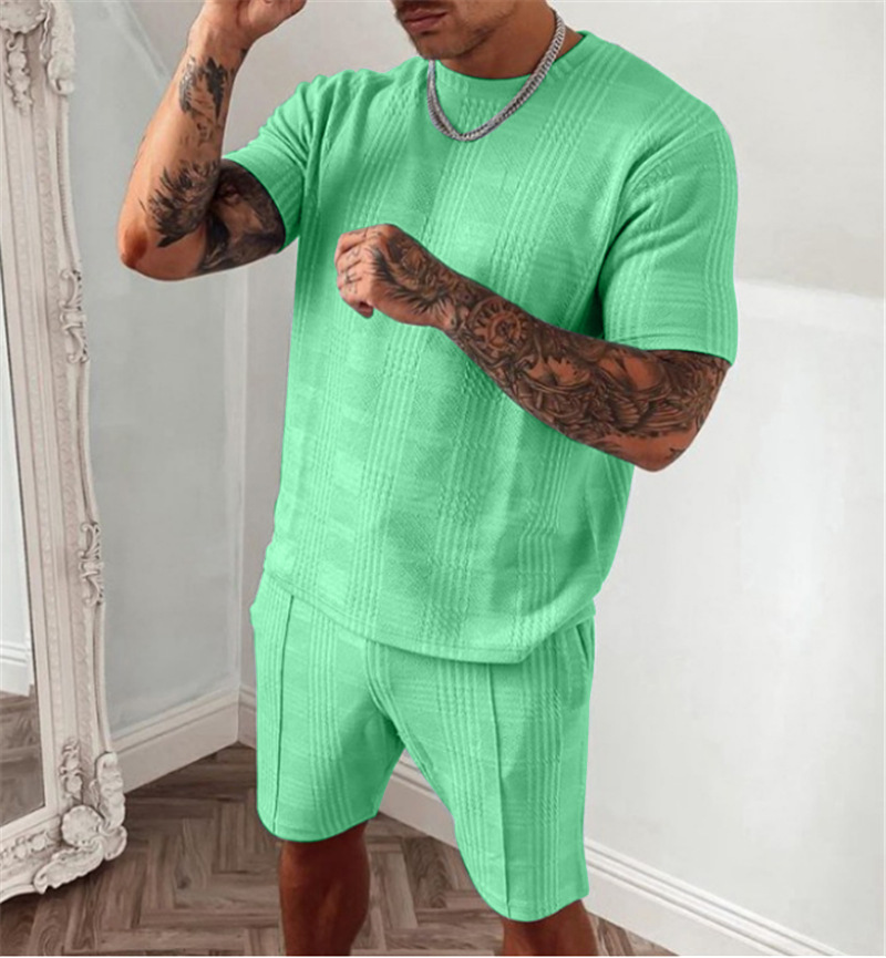 Summer 2023 Men's Foreign Trade Casual Suit Popular European and American Amazon Short-Sleeved Shorts Two-Piece Sports Trendy Men's